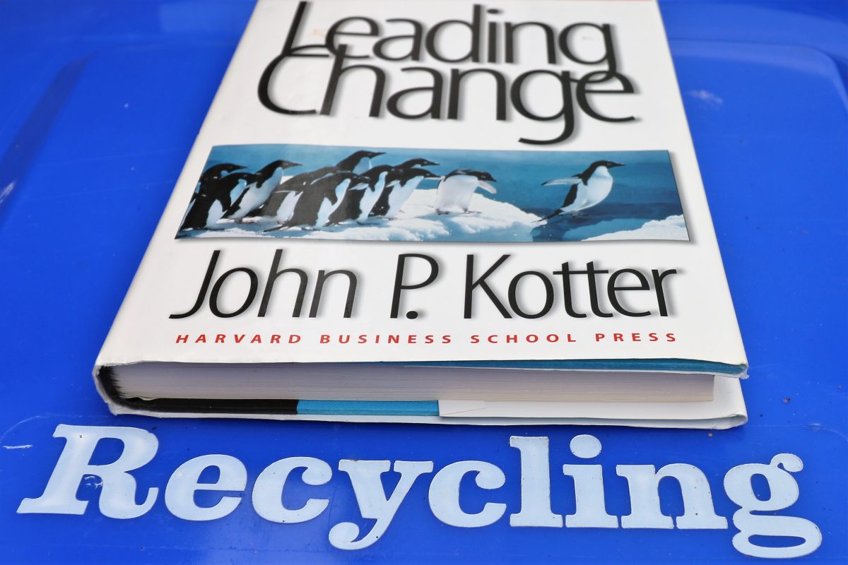 Leading Change book on a recycling bin