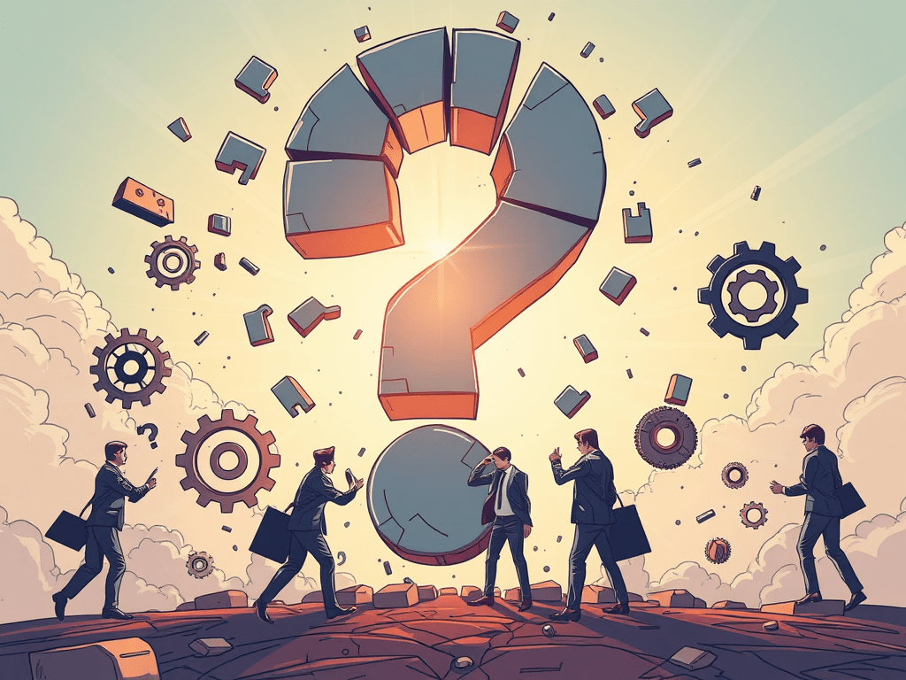 Image of men in suits, question mark and cogs