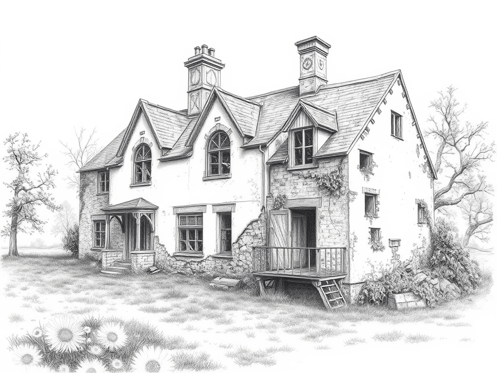 A.I. generated pencil drawing of a derelict old English farm house.