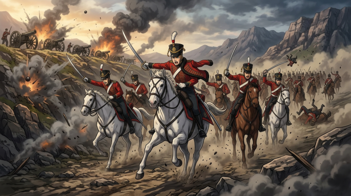 Cavalry soldiers in red uniforms charging on horses with swords during an artillery bombardment in a mountainous area